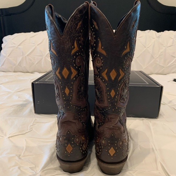 Lucchese Dark Brown Cowboy Boots with Intricate Patterns. - Picture 4 of 8